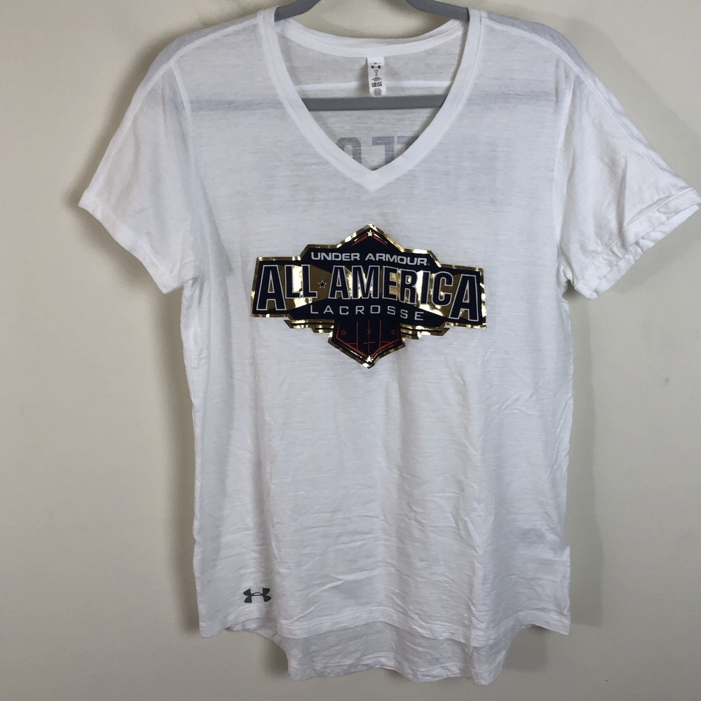 Under Armour All America Lacrosse Heatgear V-Neck T-shirt Women L White Gold UA